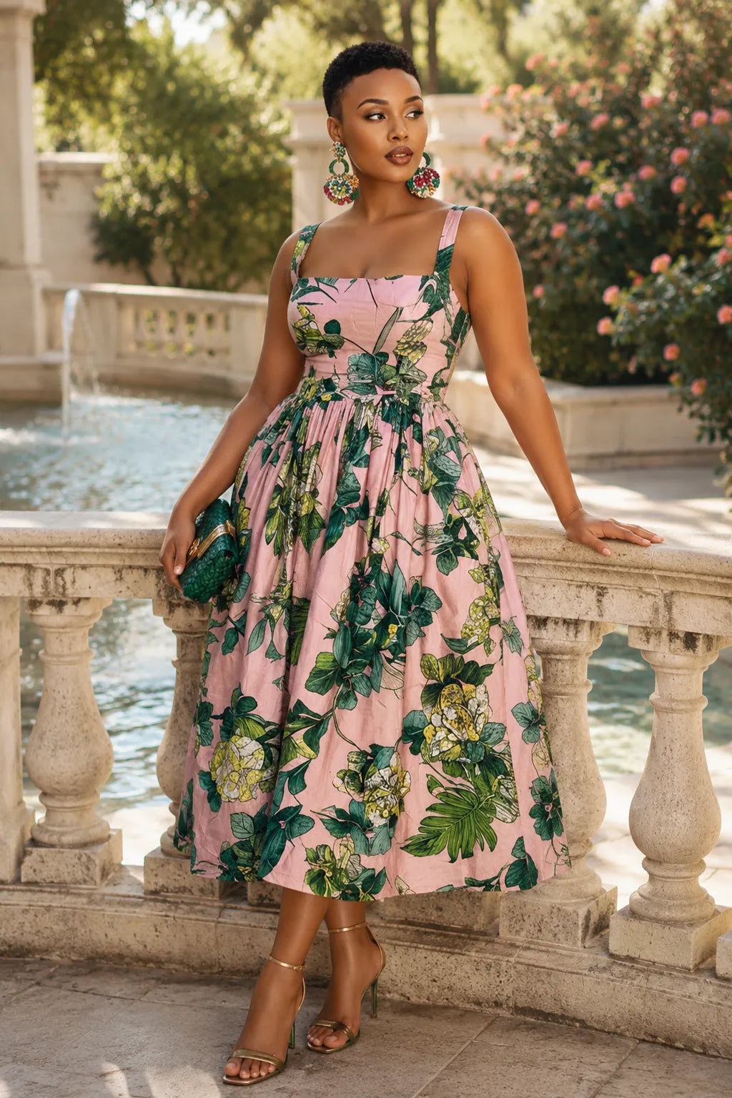Xpluswear Design Plus Size Vacation Sundress Pink Floral Square Neck Pocket Satin Midi Dresses
