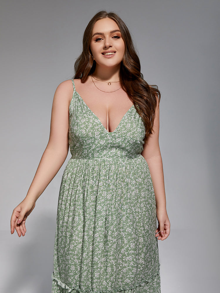 Plus Floral Spaghetti Strap Frill Trim Maxi Dress