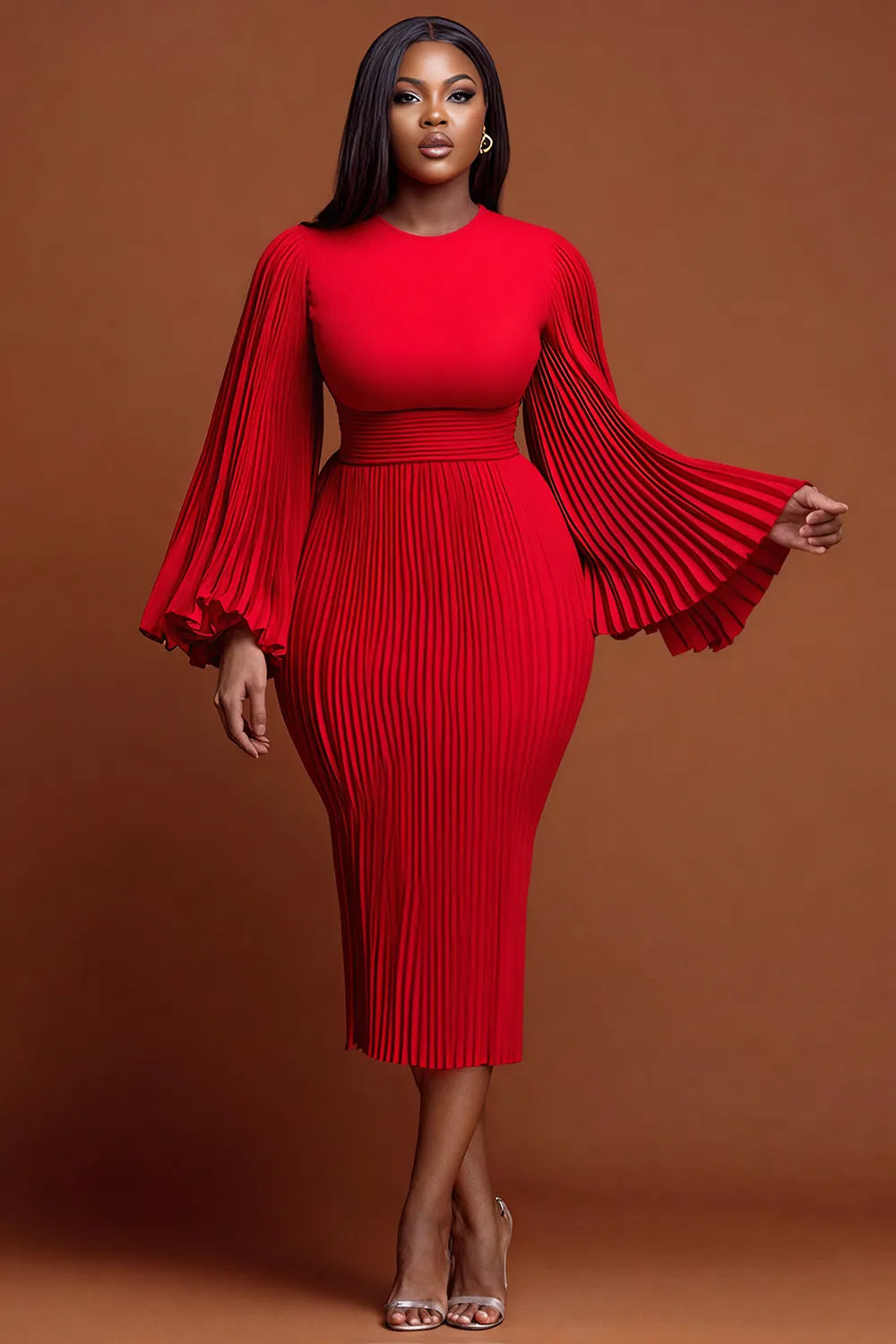 Xpluswear Design Plus Size Christmas Red Round Neck Flare Long Sleeve Bodycon Elegant Pleated Knitted Midi Dresses