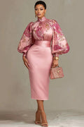 Xpluswear Design Plus Size Wedding Guest Pink Floral Stand-Up Collar Lantern Sleeve Long Sleeve Bodycon Satin Midi Dresses