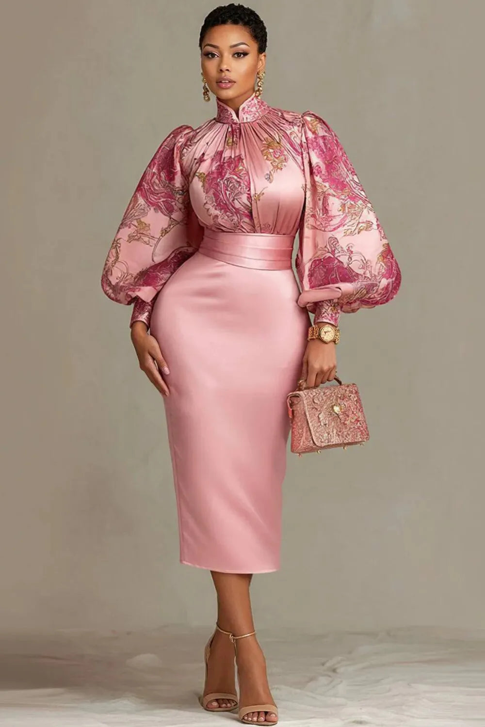 Xpluswear Design Plus Size Wedding Guest Pink Floral Stand-Up Collar Lantern Sleeve Long Sleeve Bodycon Satin Midi Dresses