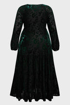 Curveins Plus Size V-Neck Flowy Bell Sleeves Pleated Velvet Midi Dress