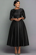 Xpluswear Design Plus Size Formal Black Round Neck Long Sleeve Pearls Elegant Pocket Satin Midi Dresses
