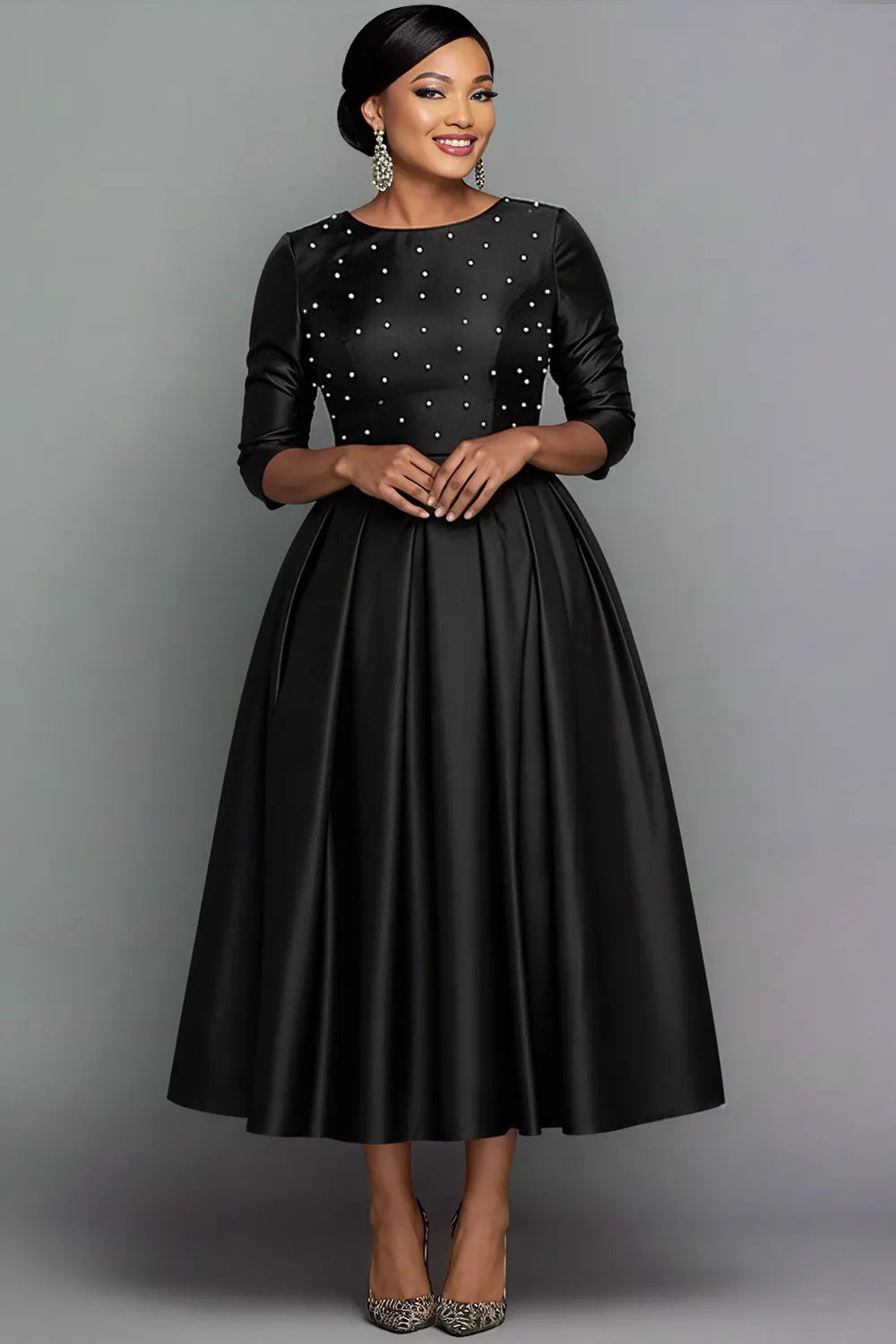 Xpluswear Design Plus Size Formal Black Round Neck Long Sleeve Pearls Elegant Pocket Satin Midi Dresses