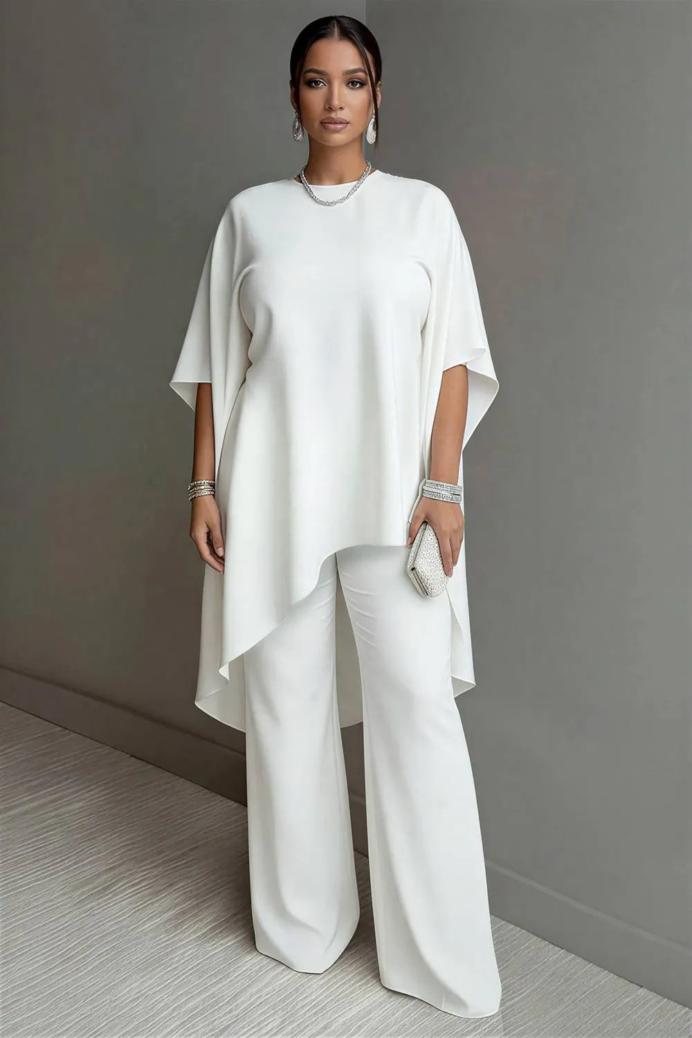 Xpluswear Design Plus Size Vacation White Round Neck Flare Half Sleeve Asymmetric Hem Pocket Two Piece Pant Sets