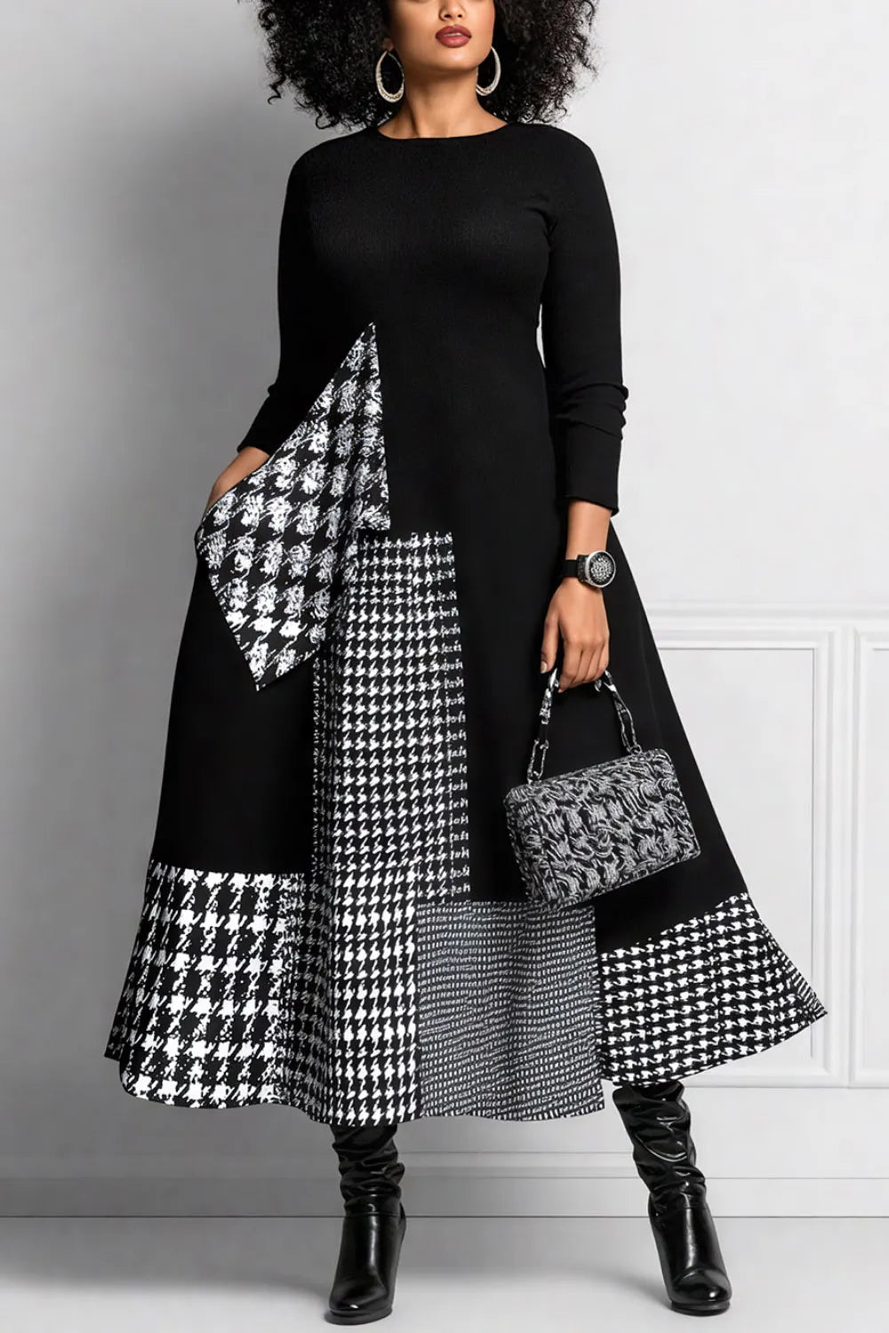 Xpluswear Design Plus Size Daily Black Houndstooth Round Neck Long Sleeve Pocket Elegant Maxi Dresses