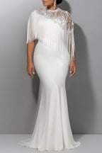 Xpluswear Design Plus Size Wedding Sequin White Round Neck Short Sleeve Mermaid Strappy Satin Maxi Dresses