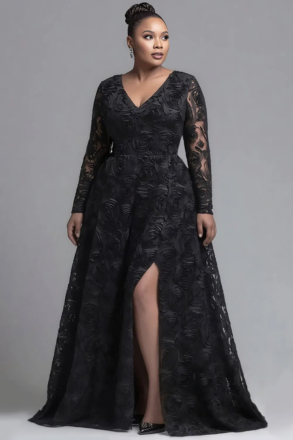 Xpluswear Design Plus Size Formal Black V Neck Long Sleeve 3D Elegant Split Tulle Maxi Dresses