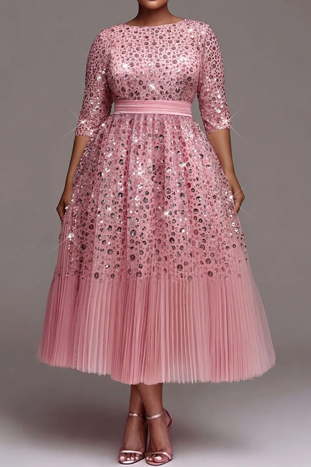 Xpluswear Design Plus Size Formal Tulle Pink Round Neck 3/4 Sleeve Pleated Sequin Midi Dresses