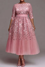 Xpluswear Design Plus Size Formal Tulle Pink Round Neck 3/4 Sleeve Pleated Sequin Midi Dresses