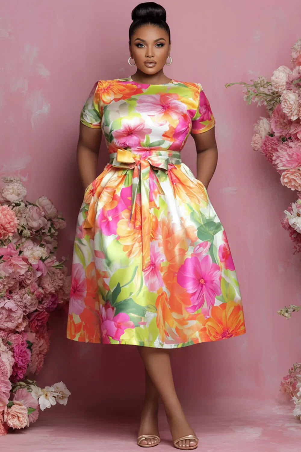 Xpluswear Design Plus Size Wedding Guest Multicolor Floral Round Neck Short Sleeve Pocket Wrap Satin Midi Dresses