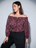 Plus Off Shoulder Frill Trim Leopard Blouse