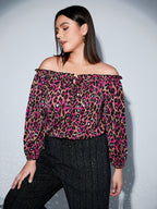 Plus Off Shoulder Frill Trim Leopard Blouse