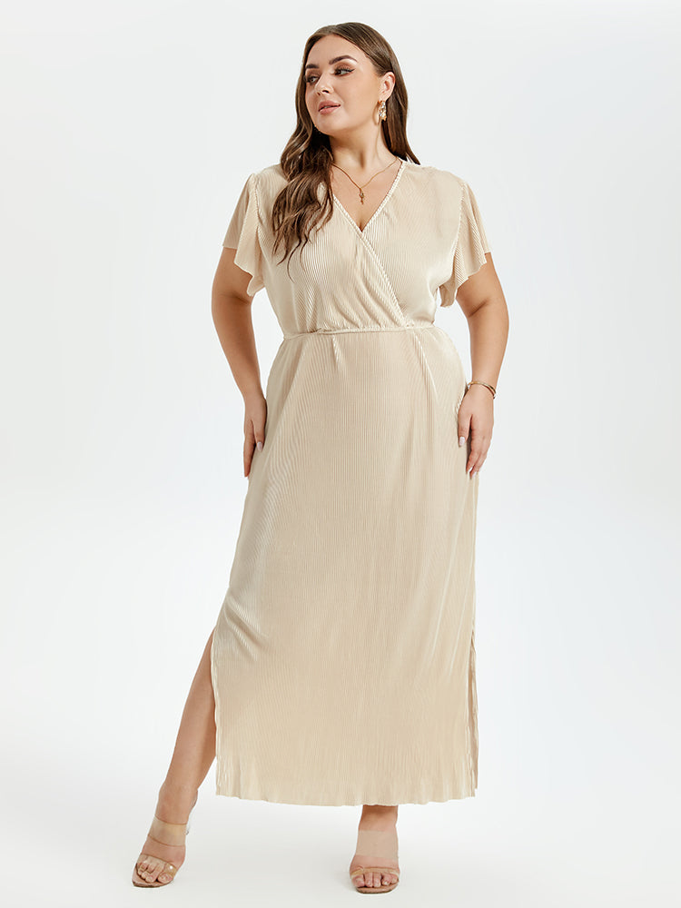 Solid V-Neck Flutter Sleeve Slit Maxi Dress