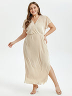 Solid V-Neck Flutter Sleeve Slit Maxi Dress