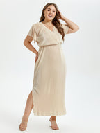 Solid V-Neck Flutter Sleeve Slit Maxi Dress