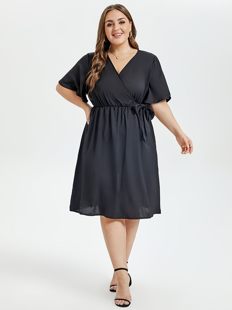 VIP Butterfly Sleeve Ruffle Hem Belted Midi Dress