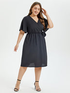 VIP Butterfly Sleeve Ruffle Hem Belted Midi Dress