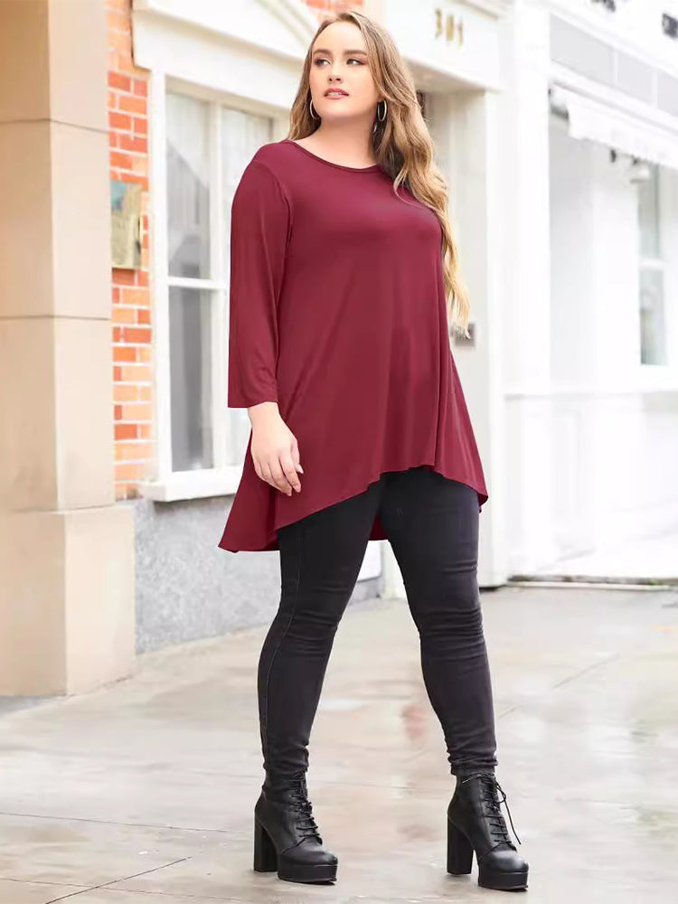 Solid Round Neck Asymmetrical Hem Tee