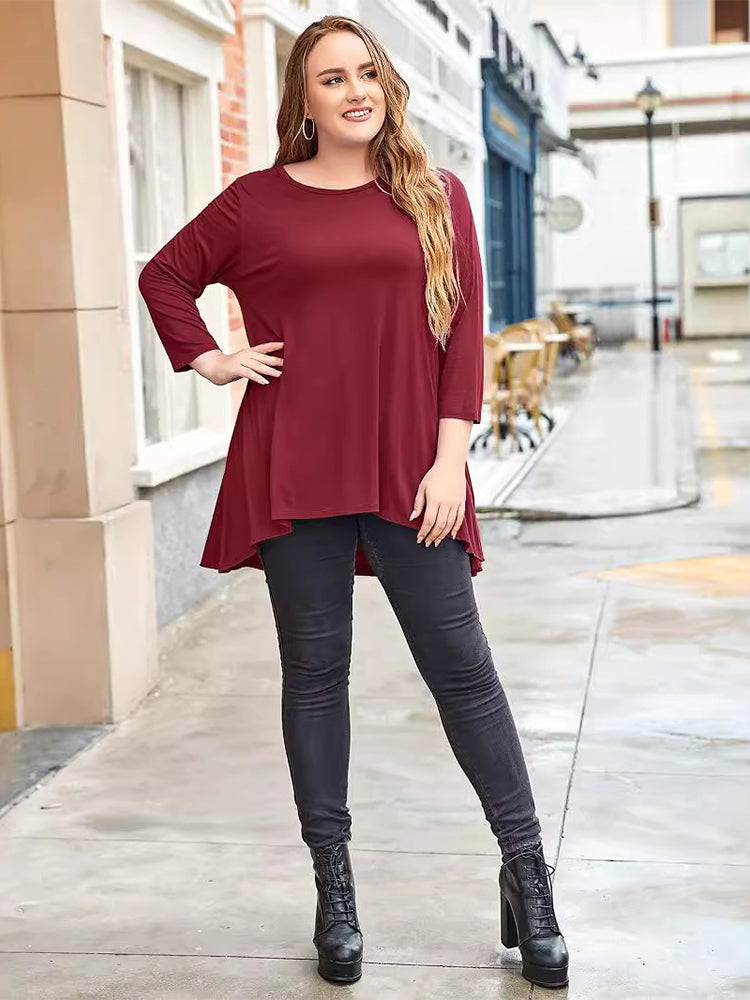 Solid Round Neck Asymmetrical Hem Tee