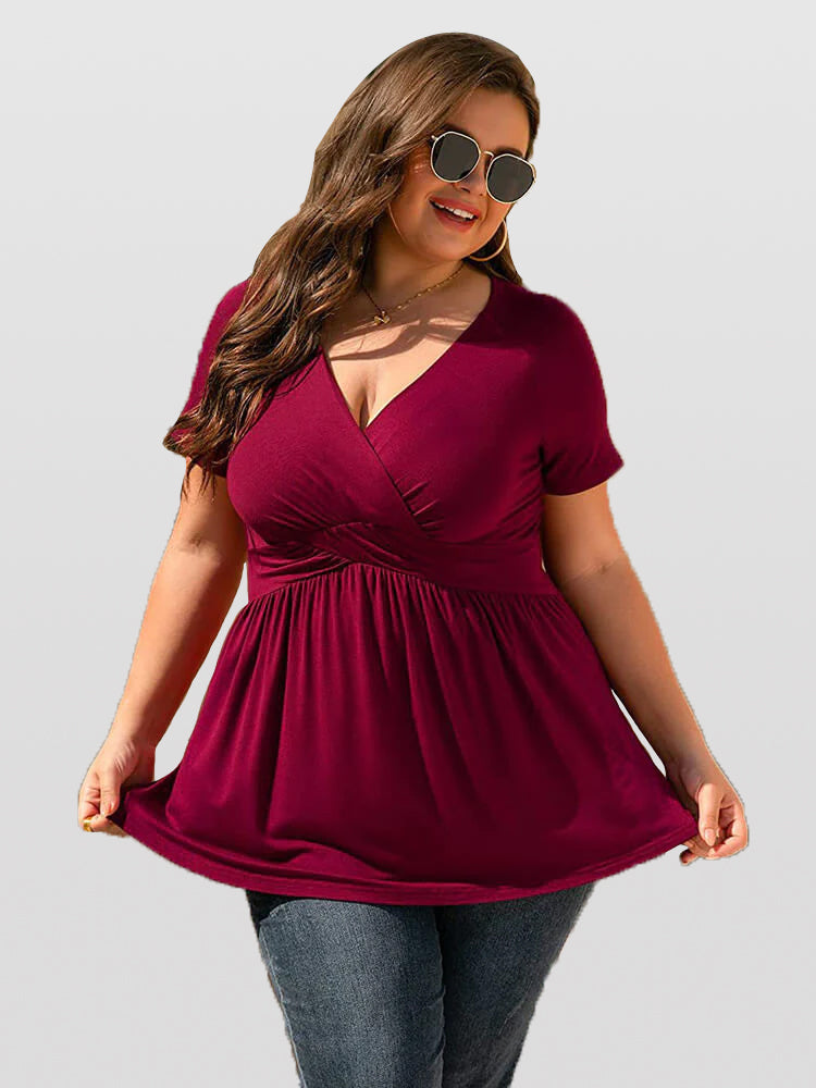 VIP Plus Crisscross Ruched Ruffle Hem Tee