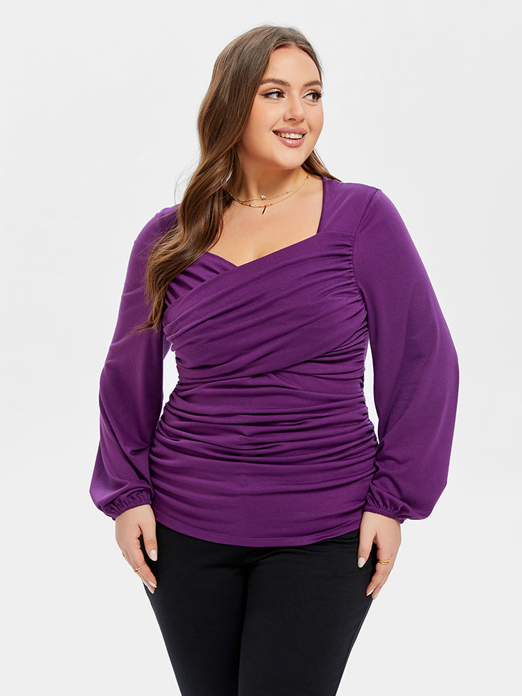 Solid Ruched Front Lantern Sleeve Blouse