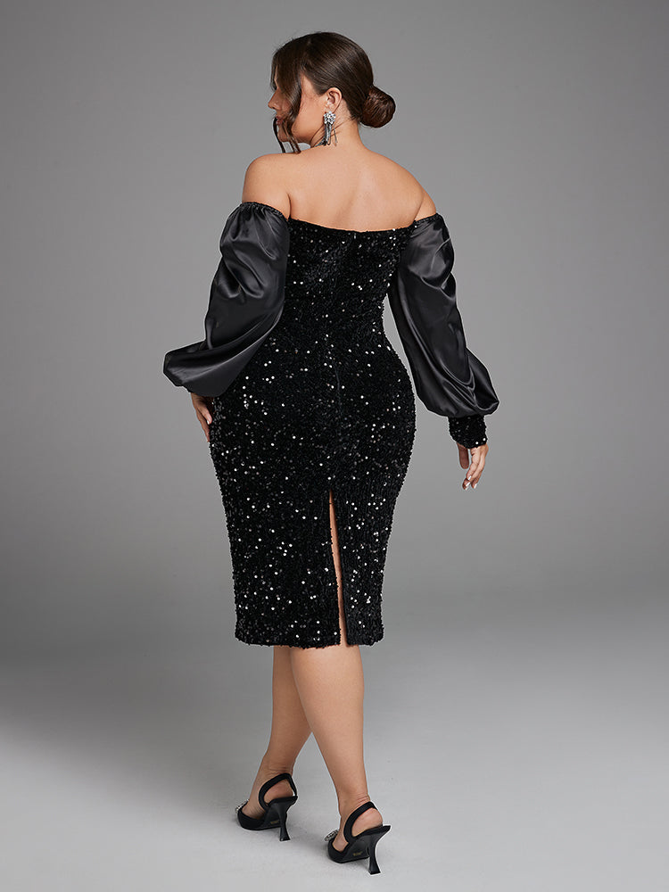 Off Shoulder Lantern Sleeve Split Sequin Dress