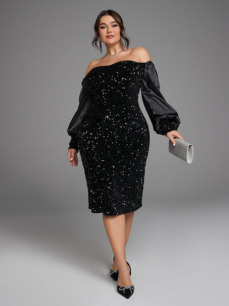 Off Shoulder Lantern Sleeve Split Sequin Dress
