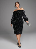 Off Shoulder Lantern Sleeve Split Sequin Dress