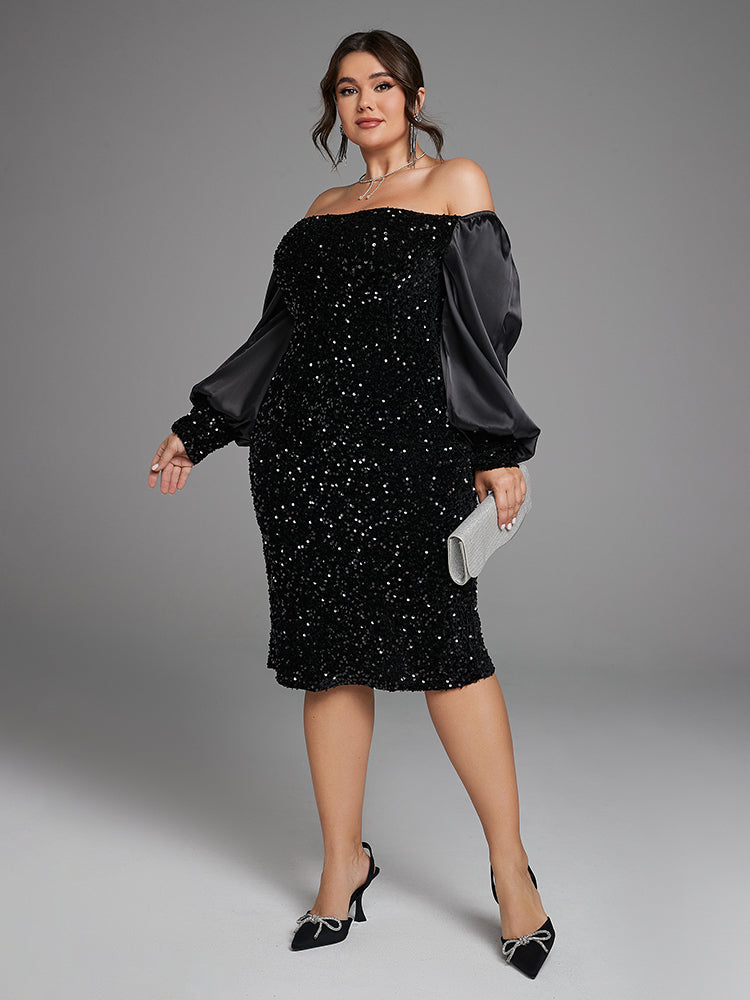 Off Shoulder Lantern Sleeve Split Sequin Dress