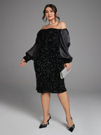 Off Shoulder Lantern Sleeve Split Sequin Dress