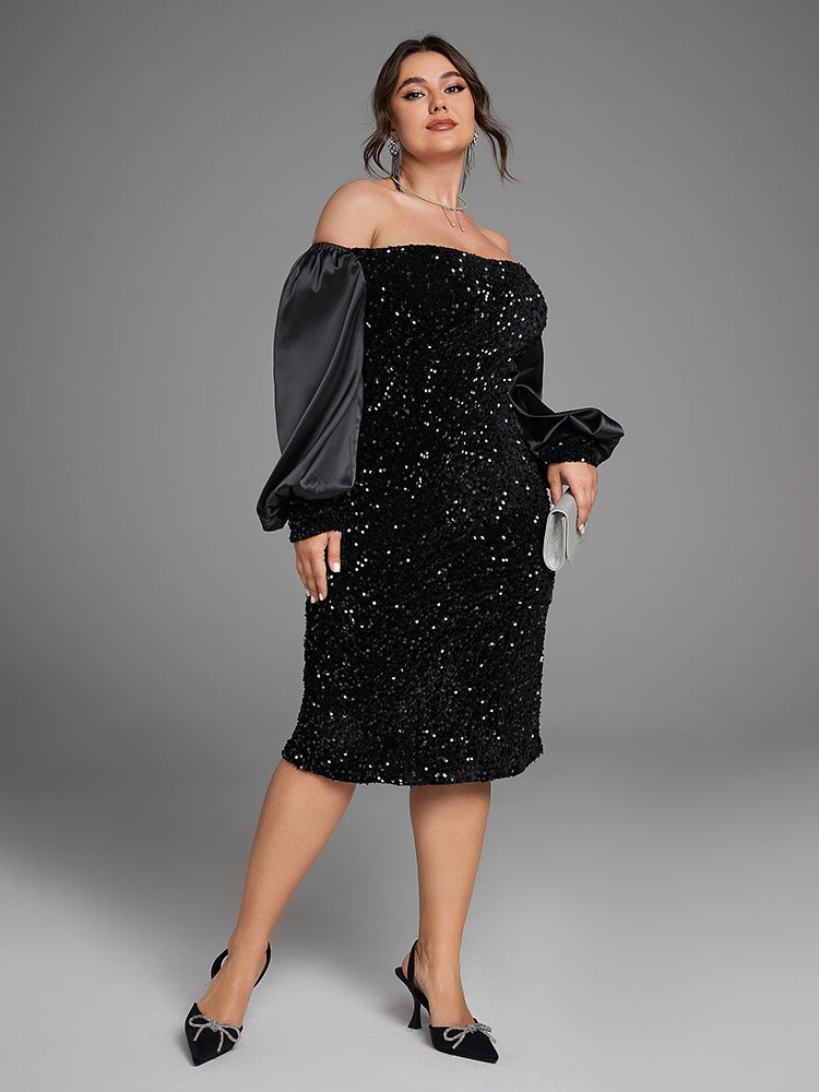 Off Shoulder Lantern Sleeve Split Sequin Dress