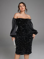 Off Shoulder Lantern Sleeve Split Sequin Dress