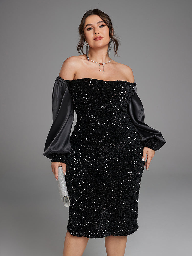 Off Shoulder Lantern Sleeve Split Sequin Dress
