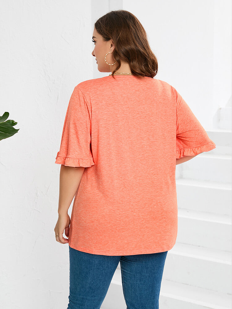 Plus Orange V-Neck Ruffle Sleeve Frill Trim Tee