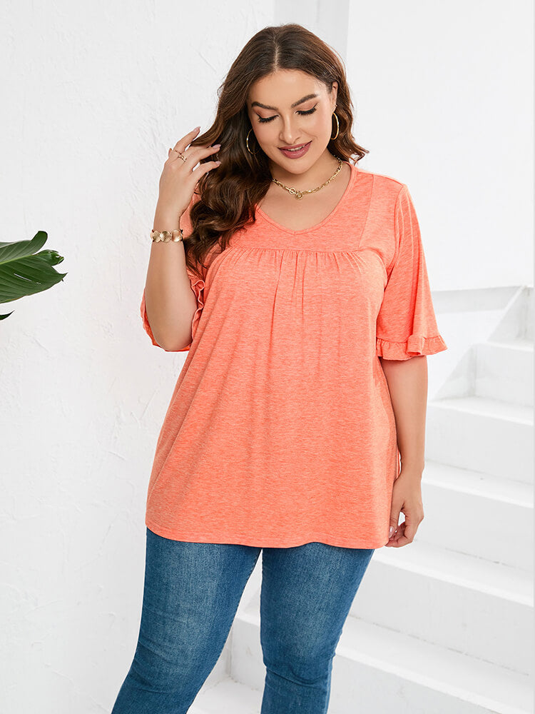 Plus Orange V-Neck Ruffle Sleeve Frill Trim Tee