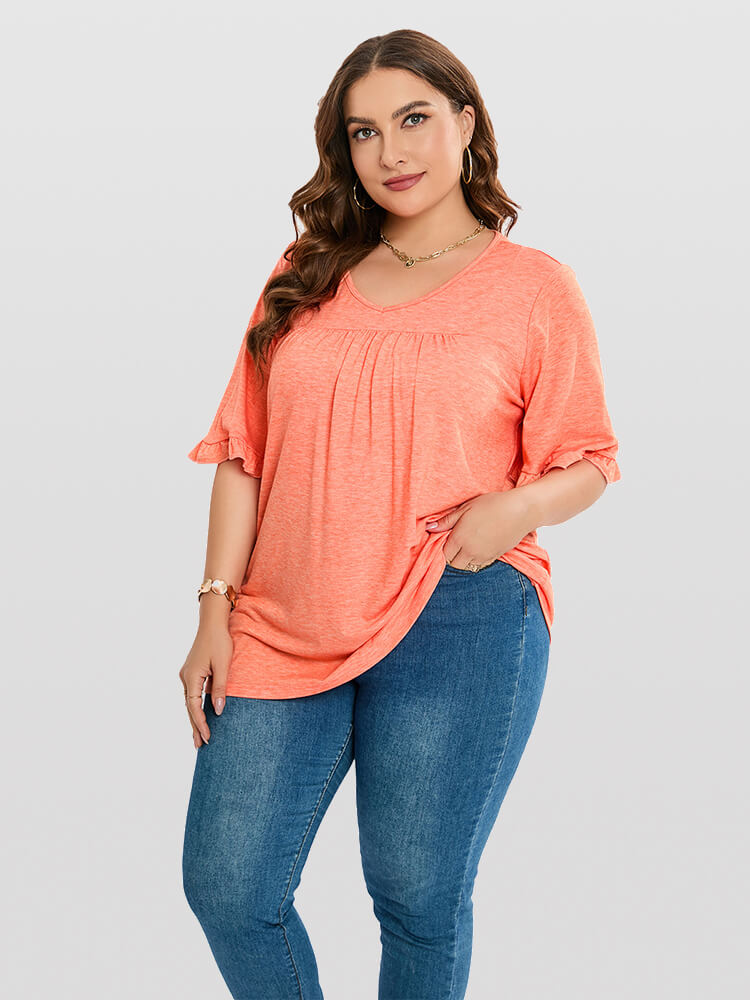 Plus Orange V-Neck Ruffle Sleeve Frill Trim Tee