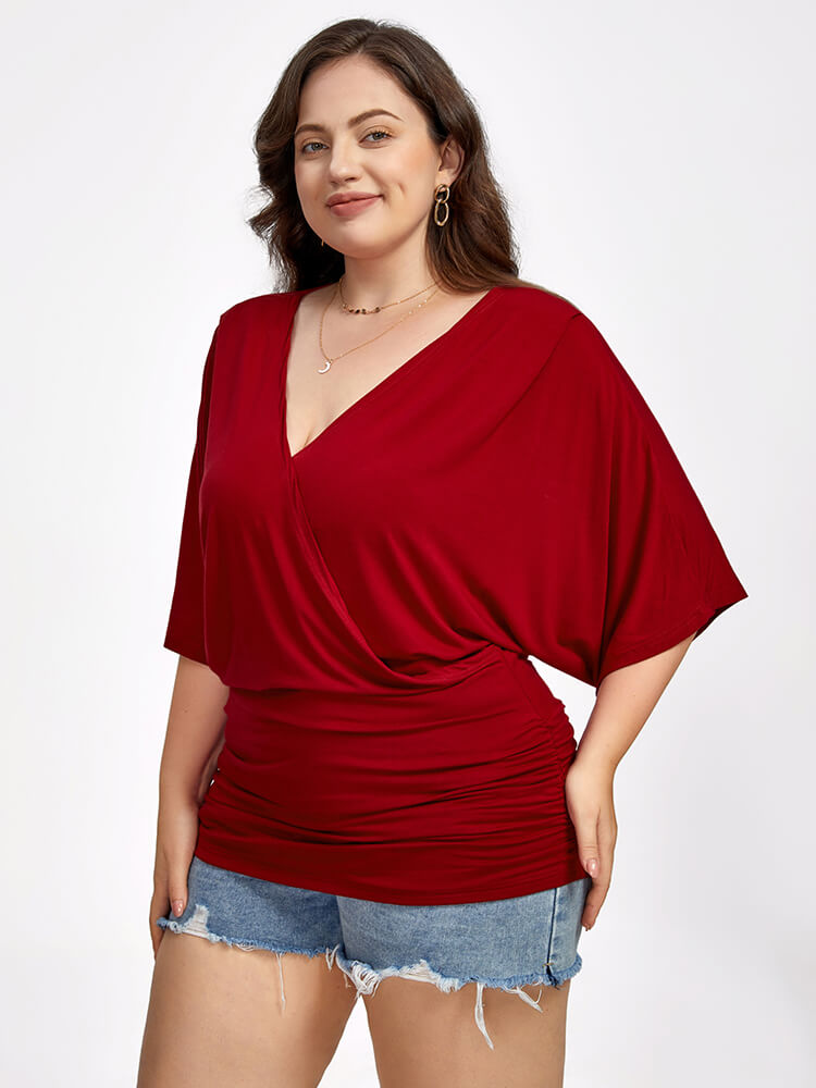 VIP Plus Plain Crisscross V Neck Ruched Hem Tee