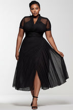 Xpluswear Design Plus Size Party Black V Neck Short Sleeve See Through Pleated Chiffon Midi Dresses