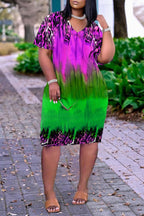 Plus Size African Casual All Over Print Basic V Neck Short Sleeve Midi Dress