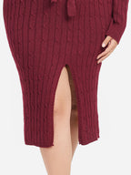 VIP Cable Knit Belted Split  Midi Sweater Dress