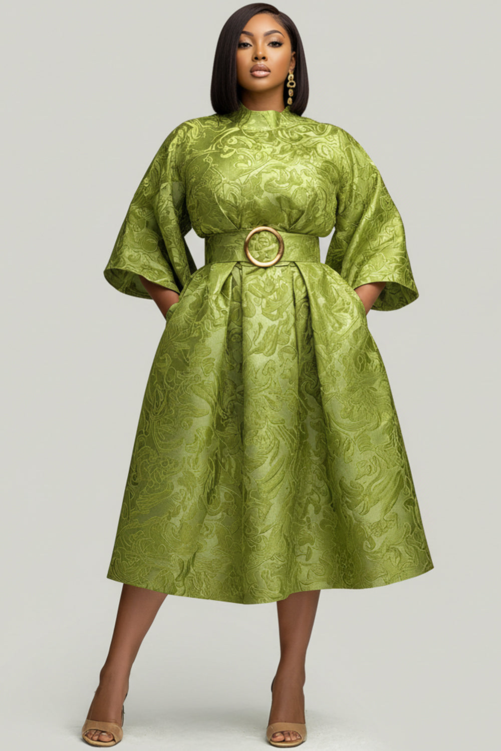 Xpluswear Design Plus Size Wedding Guest Green Round Neck 3/4 Sleeve Pocket Midi Dresses