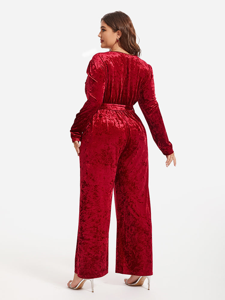 VIP Belted Pocket Wide Leg Velvet Jumpsuit