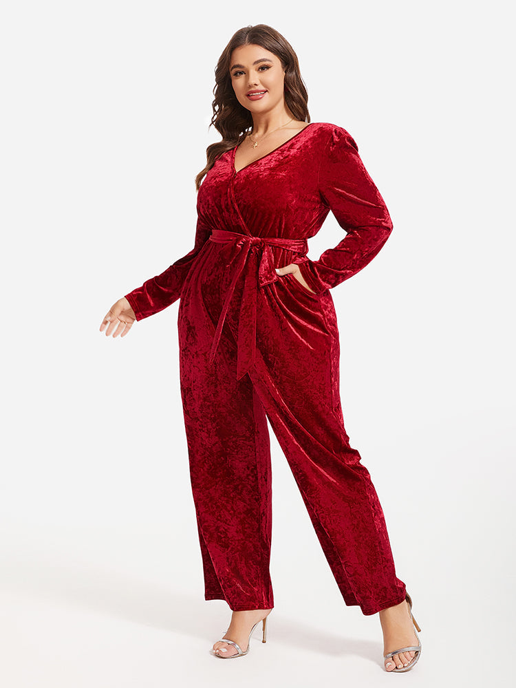 VIP Belted Pocket Wide Leg Velvet Jumpsuit