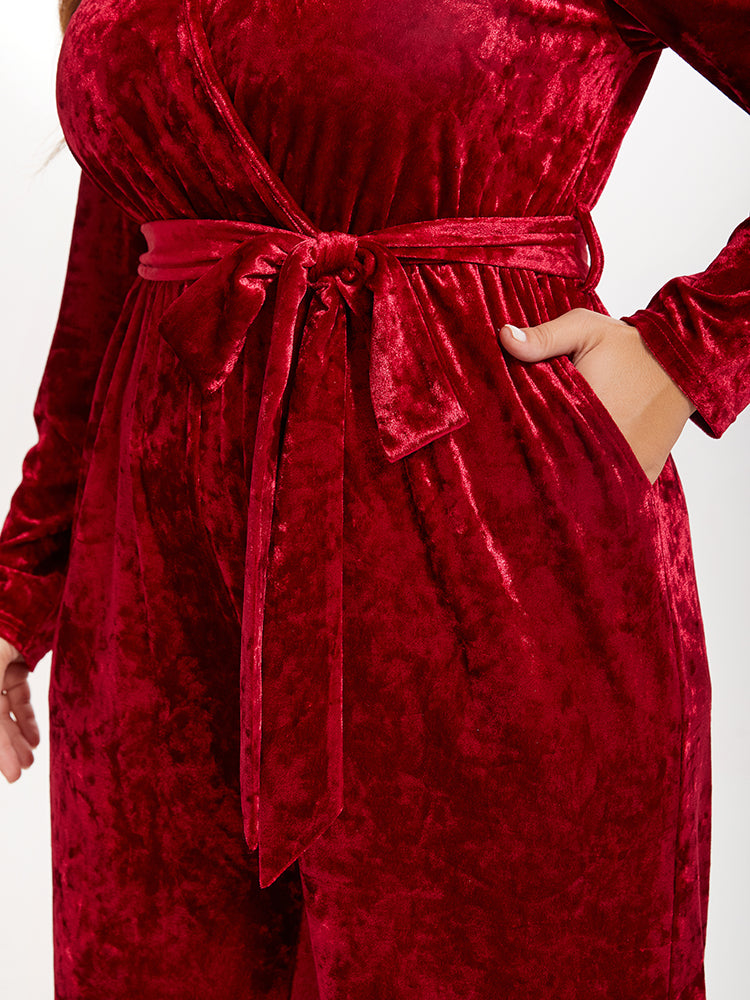 VIP Belted Pocket Wide Leg Velvet Jumpsuit