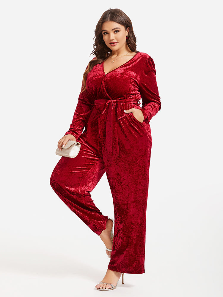 VIP Belted Pocket Wide Leg Velvet Jumpsuit