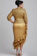 Xpluswear Design Plus Size Churchs Gold 3/4 Sleeve Ruffle Elegant 3D Two Piece Dress Set