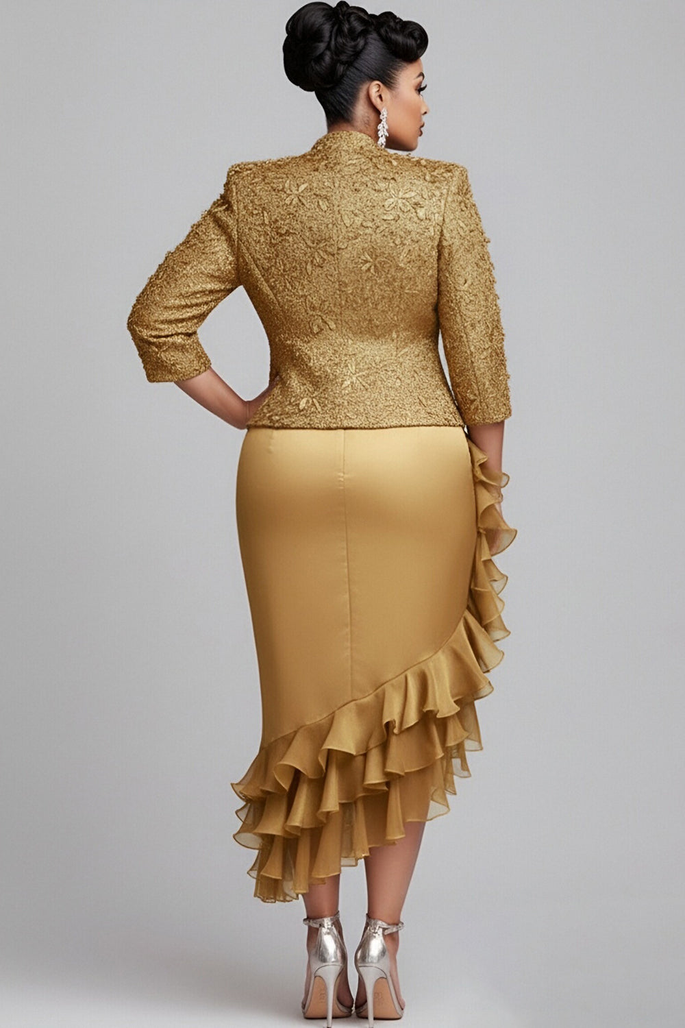 Xpluswear Design Plus Size Churchs Gold 3/4 Sleeve Ruffle Elegant 3D Two Piece Dress Set