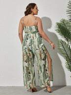 Plus Green Tropical Print Tie Front Jumpsuit