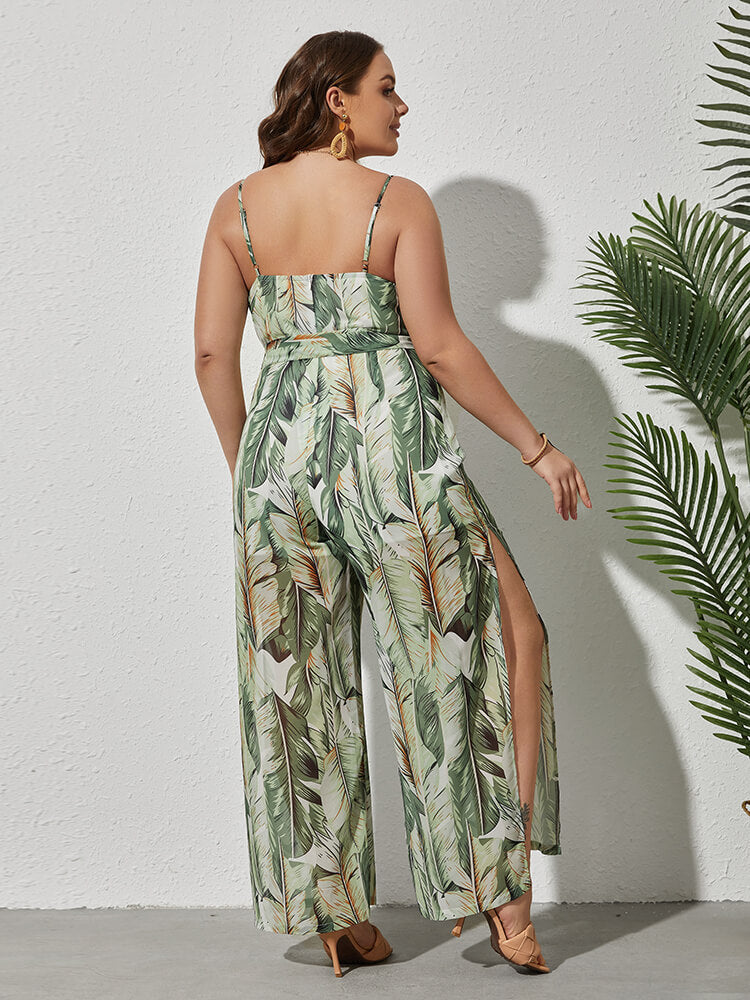 Plus Green Tropical Print Tie Front Jumpsuit